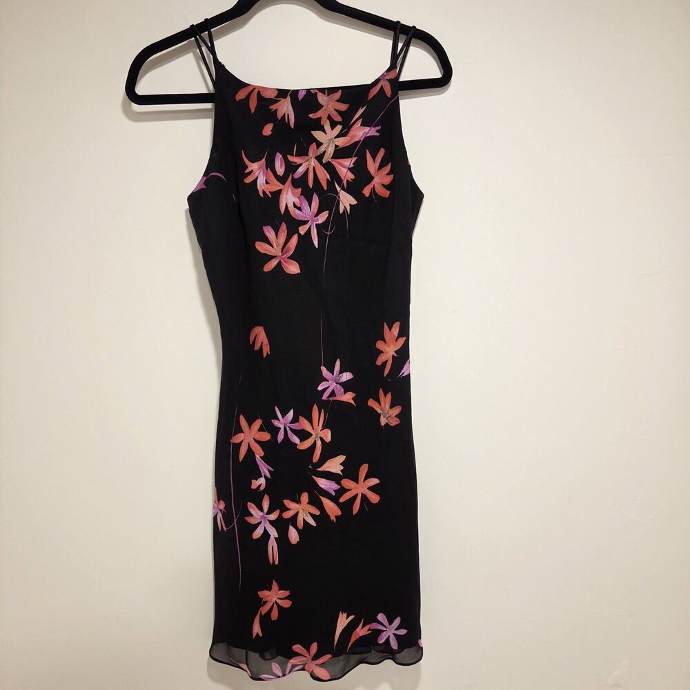 Vintage Y2K 90s Floral Dress 6 Spaghetti Strap Black Party Vacation Flutter Hem